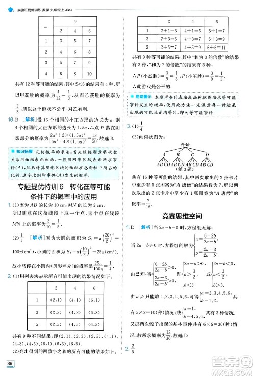 江苏人民出版社2024年秋春雨教育实验班提优训练九年级数学上册苏科版答案