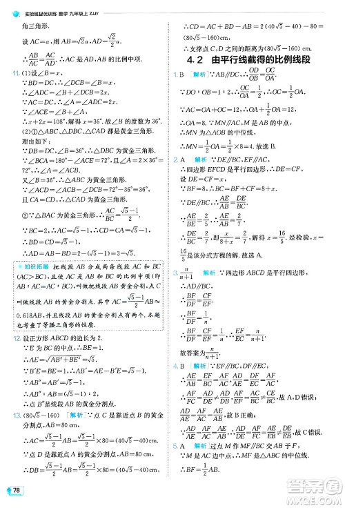 江苏人民出版社2024年秋春雨教育实验班提优训练九年级数学上册浙教版答案