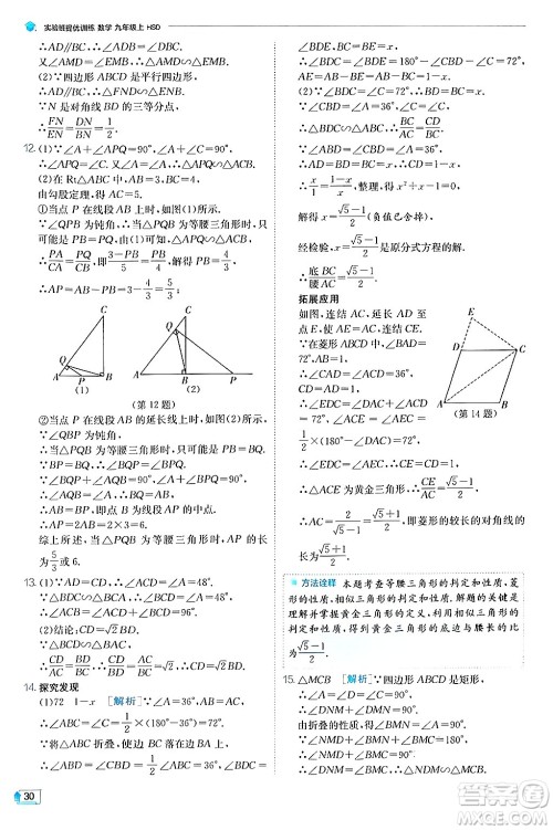 江苏人民出版社2024年秋春雨教育实验班提优训练九年级数学上册华师版答案