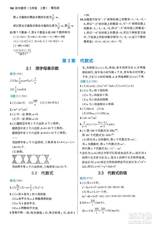 四川大学出版社2024年秋初中同步5年中考3年模拟七年级数学上册青岛版答案