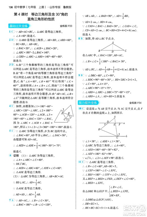 四川大学出版社2024年秋初中同步5年中考3年模拟七年级数学上册鲁教版山东专版答案