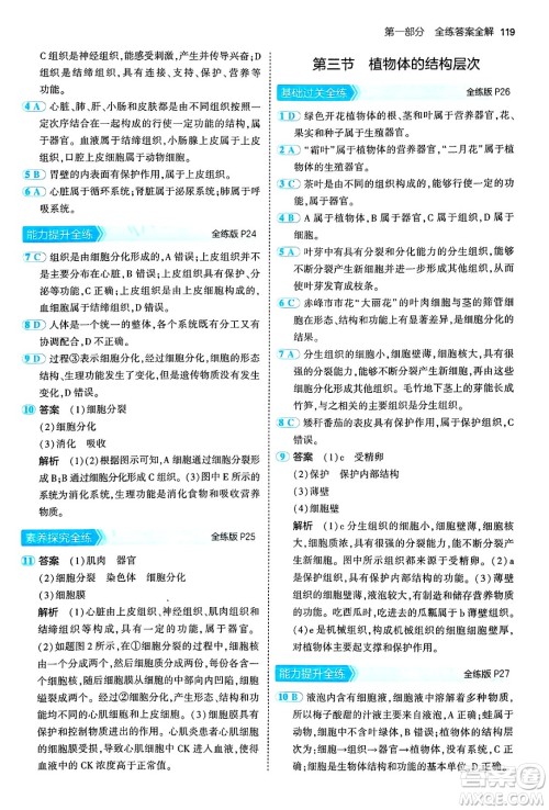 四川大学出版社2024年秋初中同步5年中考3年模拟七年级生物上册人教版答案