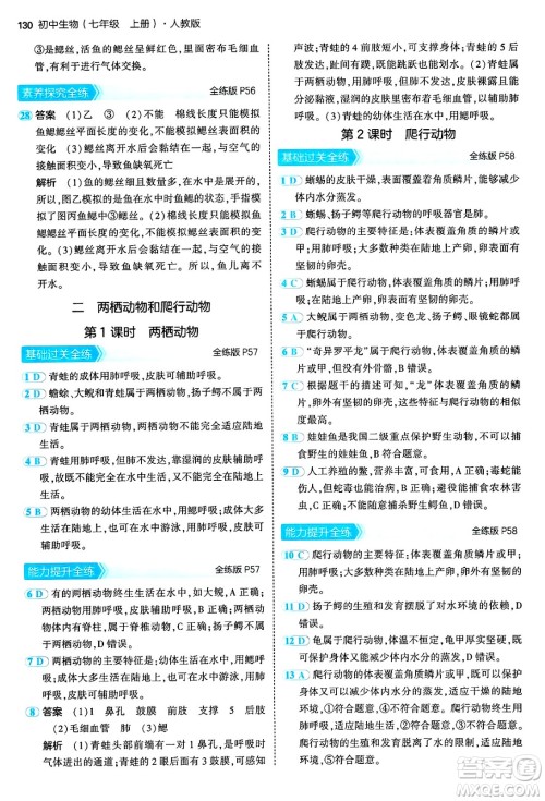 四川大学出版社2024年秋初中同步5年中考3年模拟七年级生物上册人教版答案