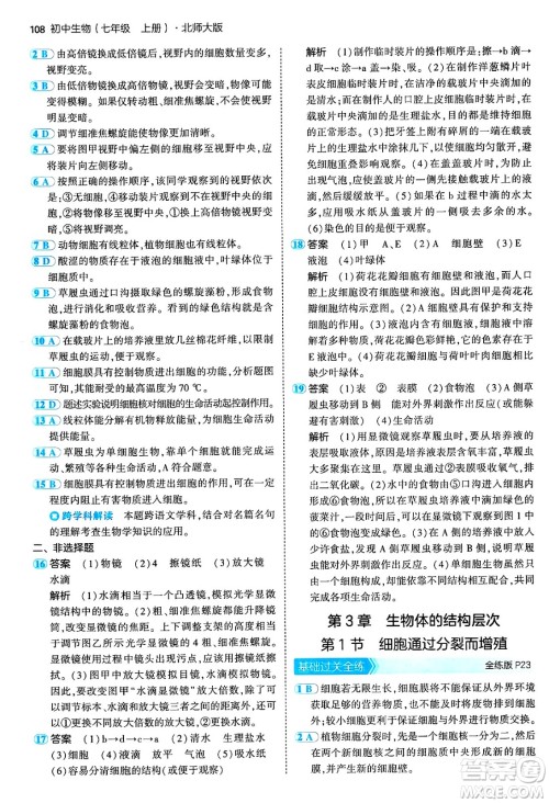 四川大学出版社2024年秋初中同步5年中考3年模拟七年级生物上册北师大版答案