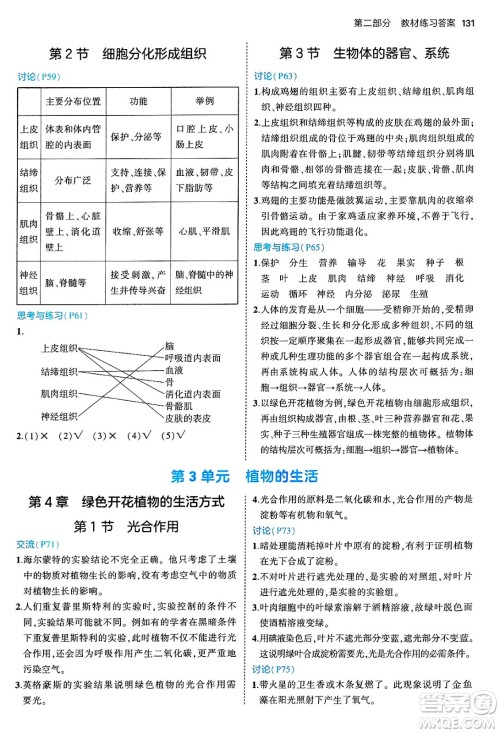 四川大学出版社2024年秋初中同步5年中考3年模拟七年级生物上册北师大版答案