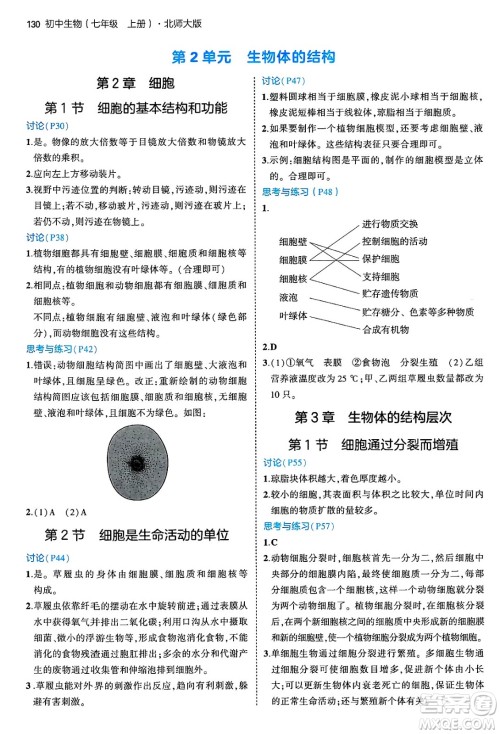 四川大学出版社2024年秋初中同步5年中考3年模拟七年级生物上册北师大版答案