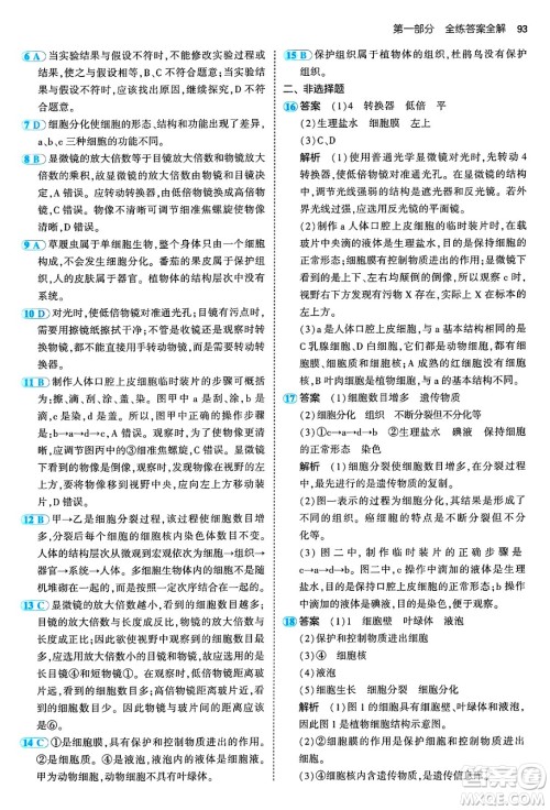 四川大学出版社2024年秋初中同步5年中考3年模拟七年级生物上册济南版答案