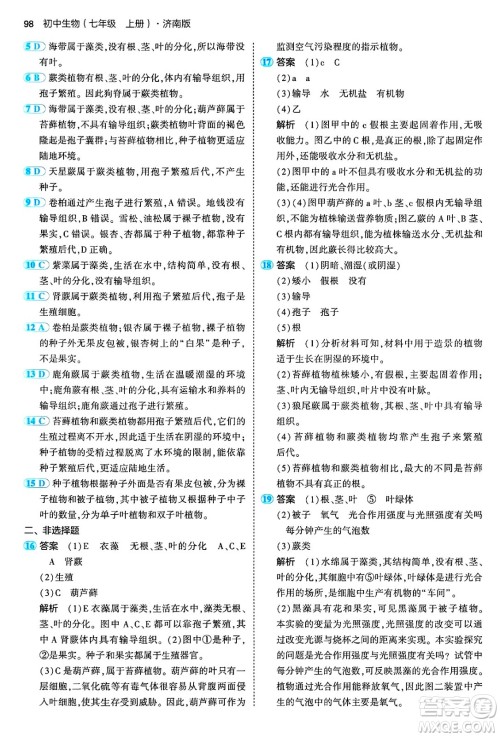 四川大学出版社2024年秋初中同步5年中考3年模拟七年级生物上册济南版答案