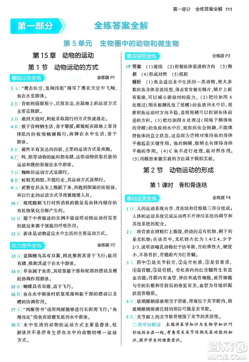 四川大学出版社2024年秋初中同步5年中考3年模拟八年级生物上册北师大版答案