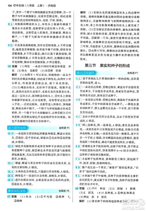 四川大学出版社2024年秋初中同步5年中考3年模拟八年级生物上册济南版答案