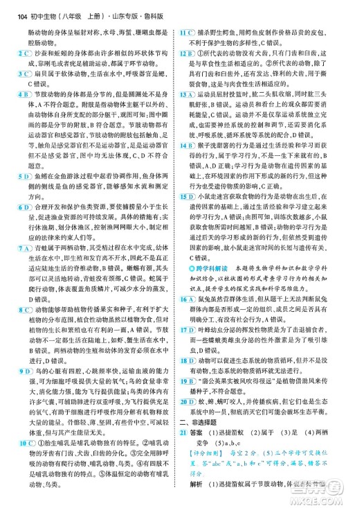 首都师范大学出版社2024年秋初中同步5年中考3年模拟八年级生物上册鲁科版山东专版答案