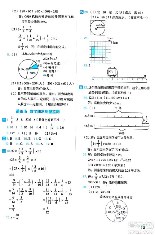 吉林教育出版社2024年秋荣德基好卷六年级数学上册人教版福建专版答案