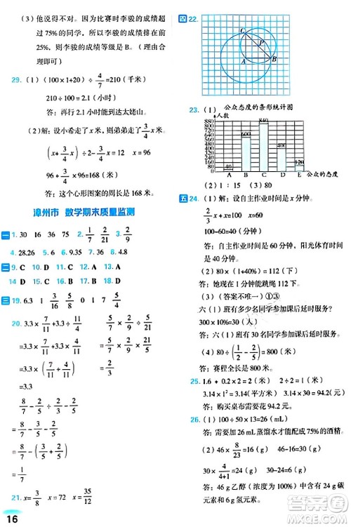 吉林教育出版社2024年秋荣德基好卷六年级数学上册人教版福建专版答案