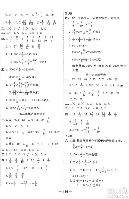 天津科学技术出版社2024年秋金优教辅夺冠新课堂随堂练测六年级数学上册苏教版答案