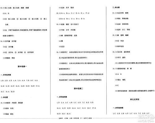 四川教育出版社2024年秋课堂伴侣学情点评八年级生物上册人教版答案
