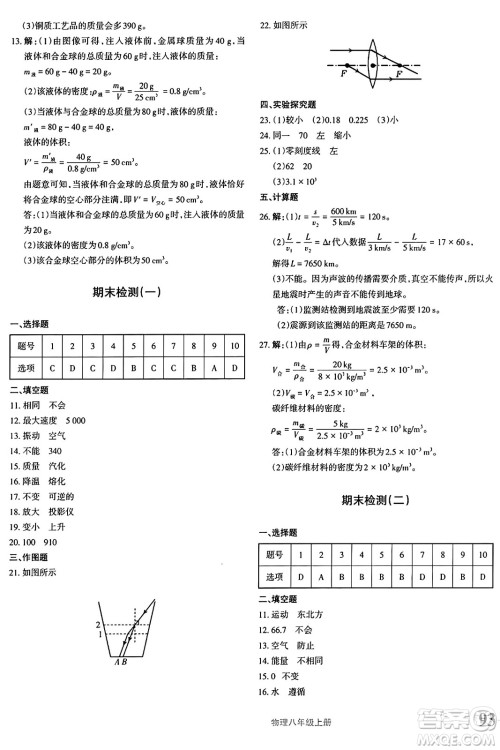 新疆青少年出版社2024年秋优学1+1评价与测试八年级物理上册通用版答案