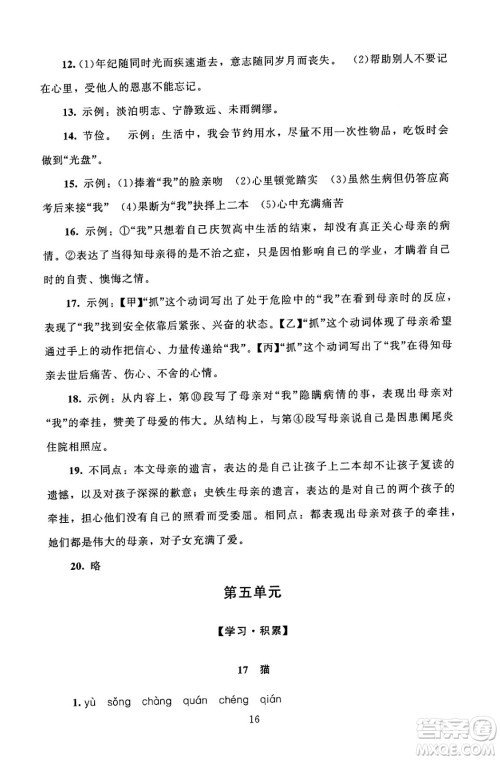 北京师范大学出版社2024年秋京师普教伴你学同步学习手册七年级语文上册人教版答案