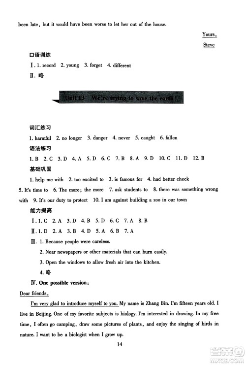 北京师范大学出版社2025年秋京师普教伴你学同步学习手册九年级英语全一册人教版答案