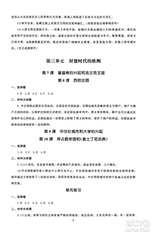 北京师范大学出版社2025年秋京师普教伴你学同步学习手册九年级世界历史全一册人教版答案