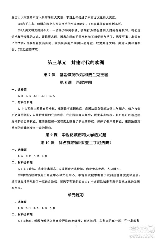 北京师范大学出版社2025年秋京师普教伴你学同步学习手册九年级世界历史全一册人教版答案