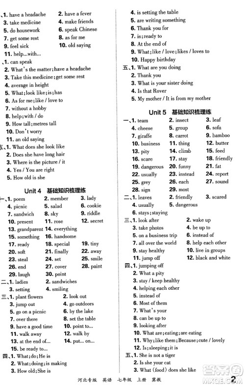 江西人民出版社2024年秋王朝霞各地期末试卷精选七年级英语上册冀教版河北专版答案