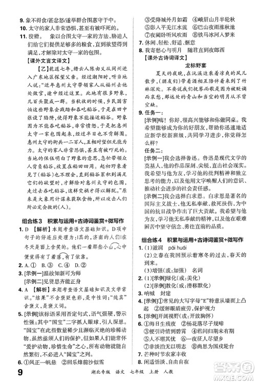 江西人民出版社2024年秋王朝霞各地期末试卷精选七年级语文上册人教版湖北专版答案