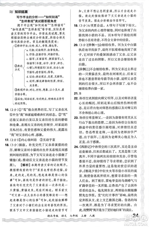 江西人民出版社2024年秋王朝霞各地期末试卷精选七年级语文上册人教版湖北专版答案