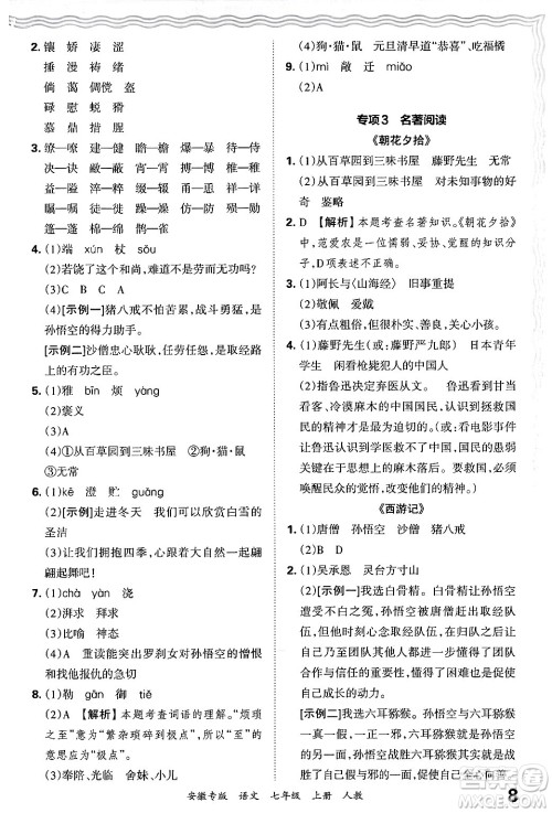 江西人民出版社2024年秋王朝霞各地期末试卷精选七年级语文上册人教版安徽专版答案