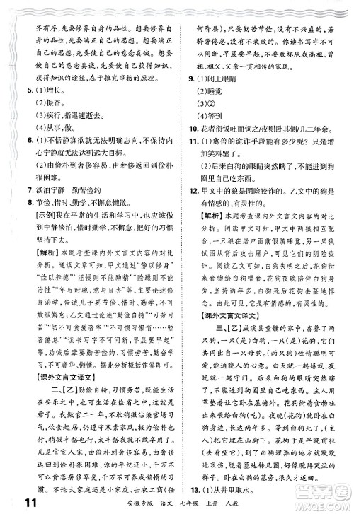 江西人民出版社2024年秋王朝霞各地期末试卷精选七年级语文上册人教版安徽专版答案