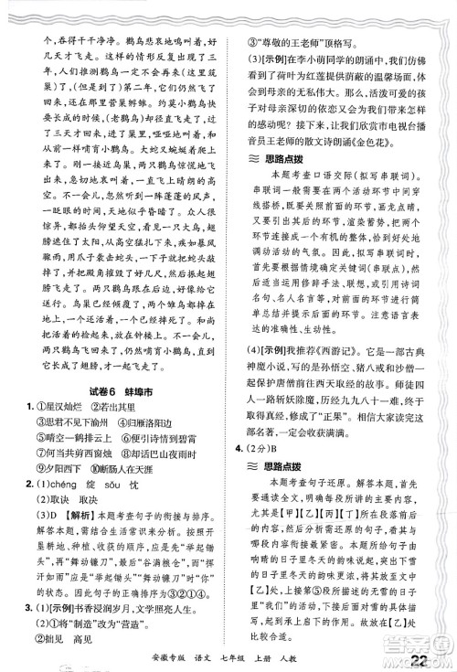 江西人民出版社2024年秋王朝霞各地期末试卷精选七年级语文上册人教版安徽专版答案