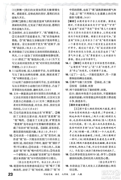 江西人民出版社2024年秋王朝霞各地期末试卷精选七年级语文上册人教版河南专版答案