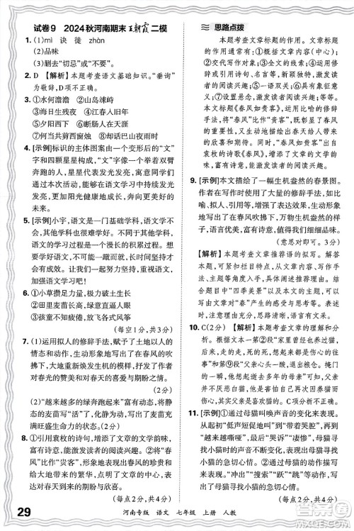 江西人民出版社2024年秋王朝霞各地期末试卷精选七年级语文上册人教版河南专版答案