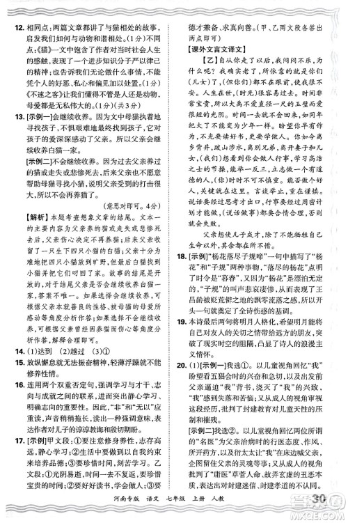 江西人民出版社2024年秋王朝霞各地期末试卷精选七年级语文上册人教版河南专版答案