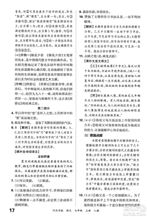 江西人民出版社2024年秋王朝霞各地期末试卷精选七年级语文上册人教版河北专版答案