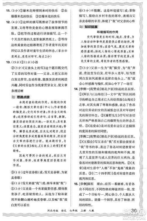 江西人民出版社2024年秋王朝霞各地期末试卷精选七年级语文上册人教版河北专版答案