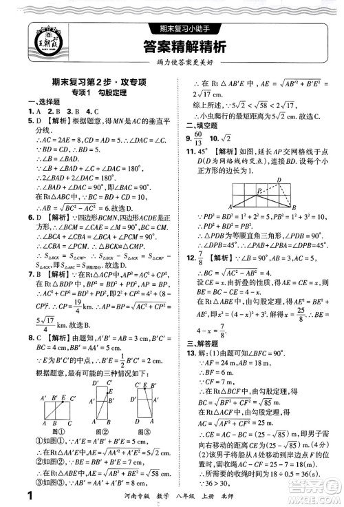 江西人民出版社2024年秋王朝霞各地期末试卷精选八年级数学上册北师大版河南专版答案