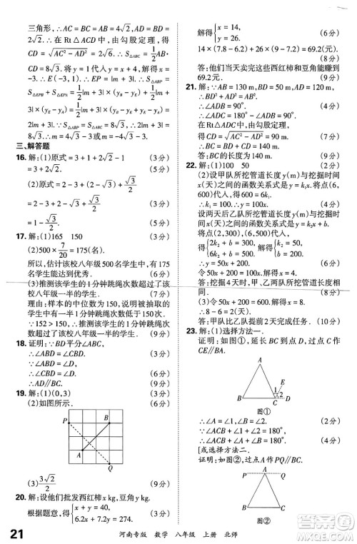 江西人民出版社2024年秋王朝霞各地期末试卷精选八年级数学上册北师大版河南专版答案