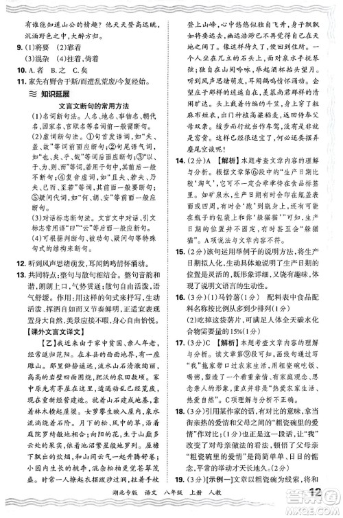 江西人民出版社2024年秋王朝霞各地期末试卷精选八年级语文上册人教版湖北专版答案