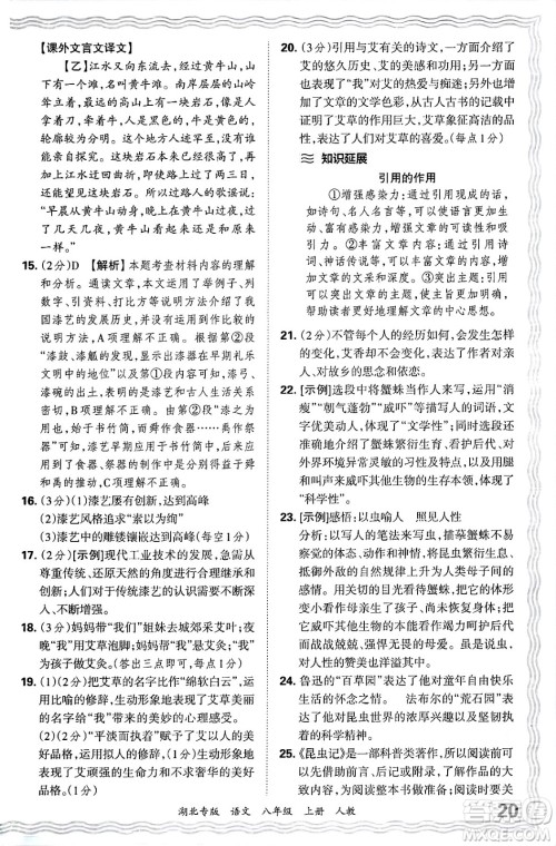 江西人民出版社2024年秋王朝霞各地期末试卷精选八年级语文上册人教版湖北专版答案