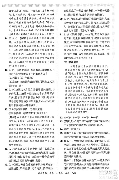 江西人民出版社2024年秋王朝霞各地期末试卷精选八年级语文上册人教版湖北专版答案