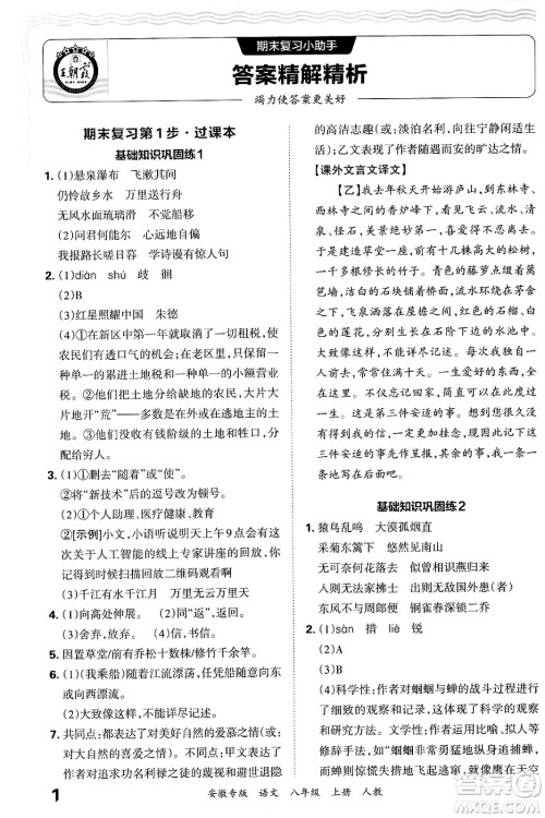 江西人民出版社2024年秋王朝霞各地期末试卷精选八年级语文上册人教版安徽专版答案