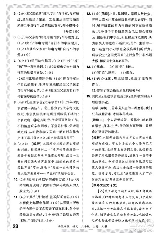 江西人民出版社2024年秋王朝霞各地期末试卷精选八年级语文上册人教版安徽专版答案