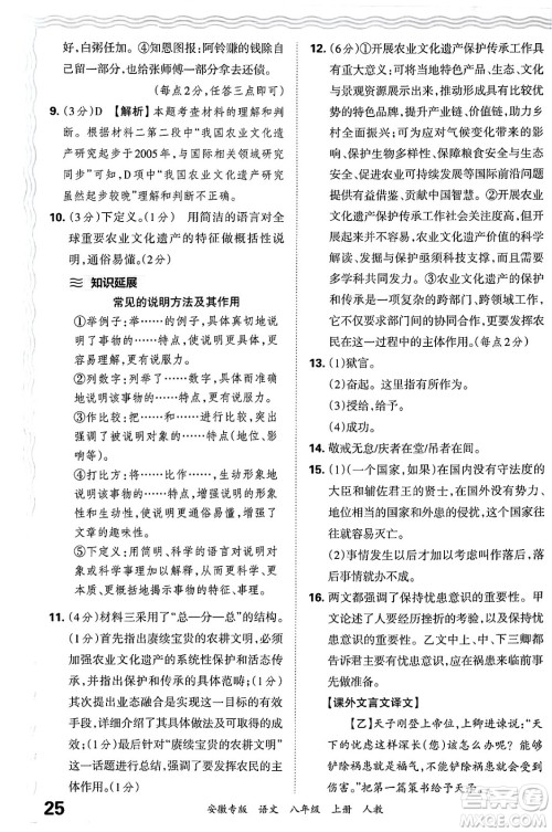 江西人民出版社2024年秋王朝霞各地期末试卷精选八年级语文上册人教版安徽专版答案