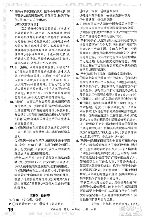 江西人民出版社2024年秋王朝霞各地期末试卷精选八年级语文上册人教版河南专版答案