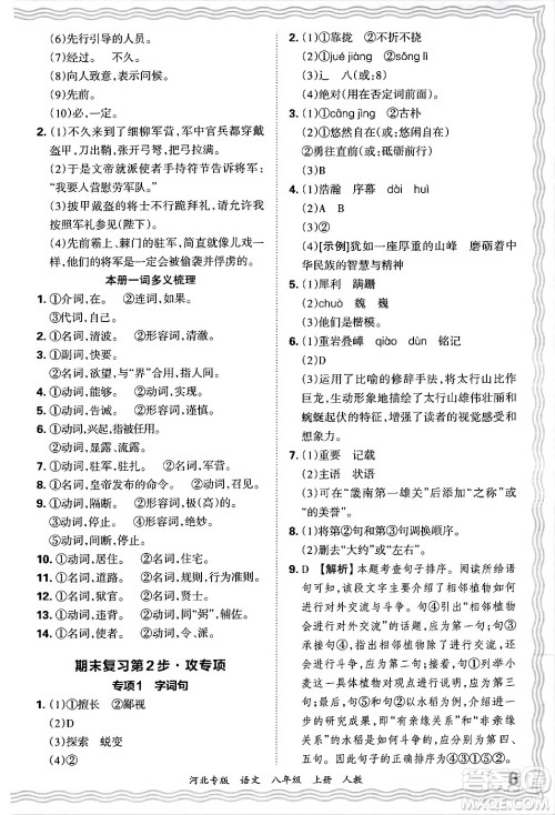 江西人民出版社2024年秋王朝霞各地期末试卷精选八年级语文上册人教版河北专版答案