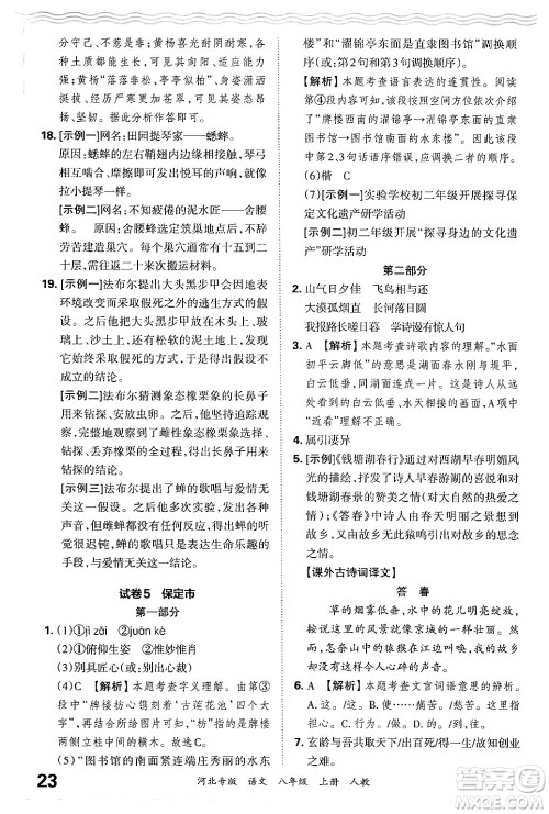 江西人民出版社2024年秋王朝霞各地期末试卷精选八年级语文上册人教版河北专版答案