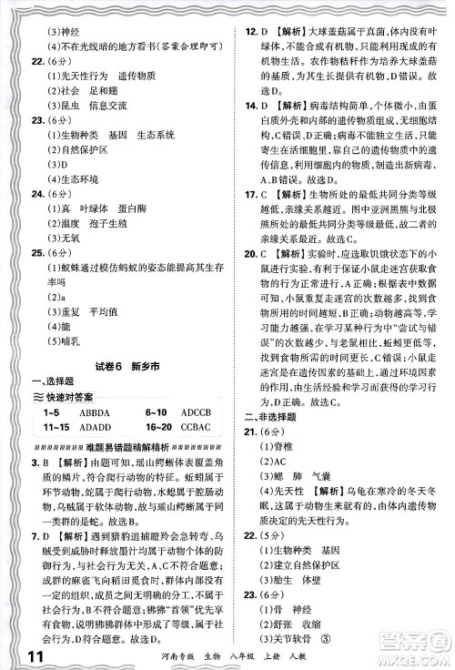 江西人民出版社2024年秋王朝霞各地期末试卷精选八年级生物上册人教版河南专版答案