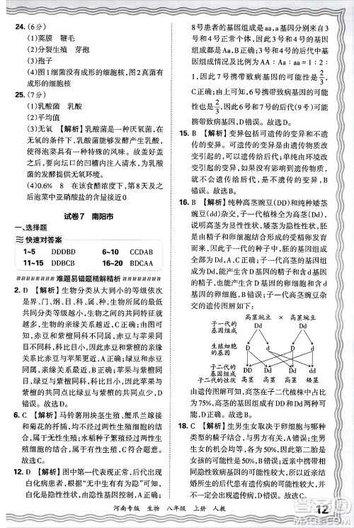 江西人民出版社2024年秋王朝霞各地期末试卷精选八年级生物上册人教版河南专版答案