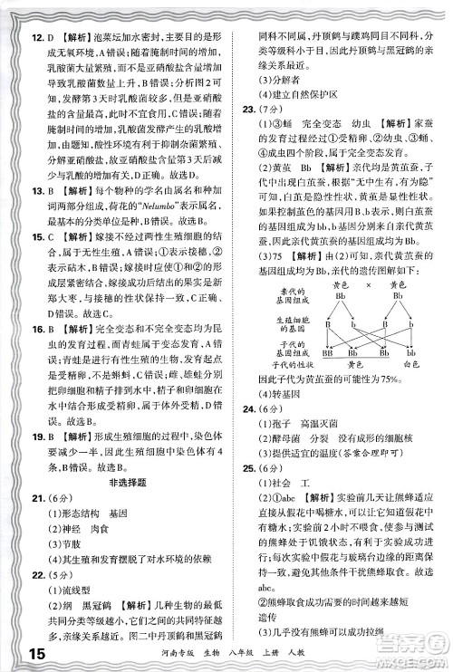 江西人民出版社2024年秋王朝霞各地期末试卷精选八年级生物上册人教版河南专版答案