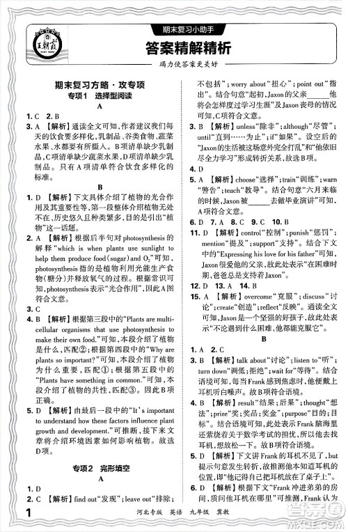 江西人民出版社2025年秋王朝霞各地期末试卷精选九年级英语全一册冀教版河北专版答案